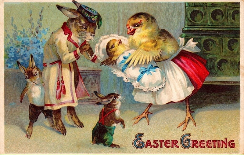 Happy Easter!, red, rabbit, chicken, yellow, bunny, easter, chick, card, vintage, HD wallpaper