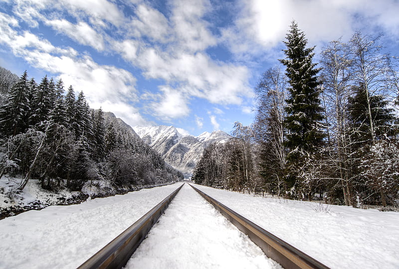 railway, mountains, snowy, distance, HD wallpaper