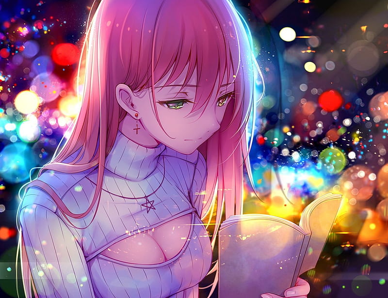 Peruse, pretty, glow cg, book, read, bonito, sweet, nice, anime, hot, beauty, anime girl, realistic, long hair, shirt, female, lovely, glowing, sexy, girl, reading, lady, pink hair, angelic, maiden, HD wallpaper