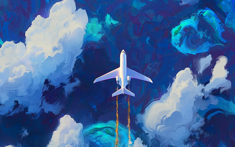 plane, art, blue sky, clouds, HD wallpaper