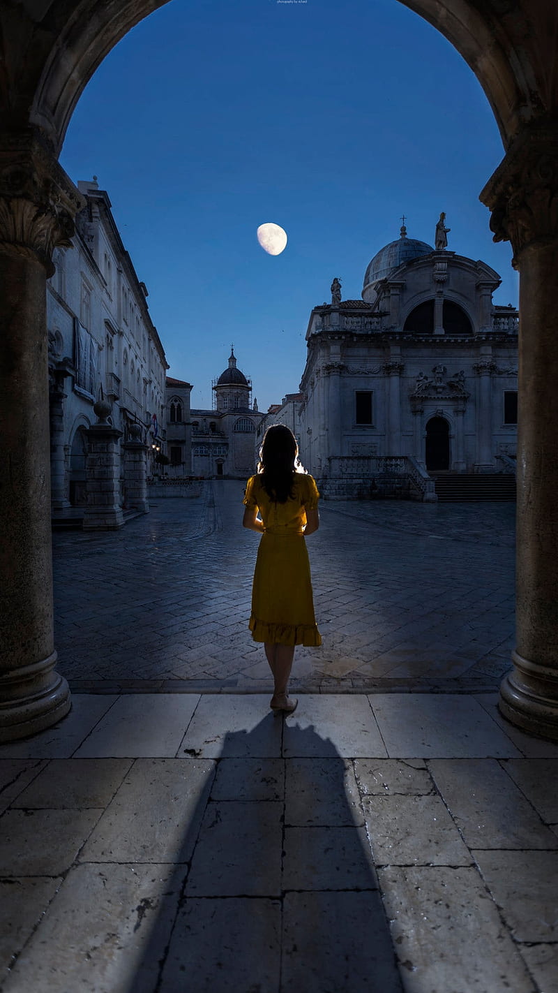 Moonlight shadow, ancient city, back, girl, half moon, moon, rear, sky, HD phone wallpaper
