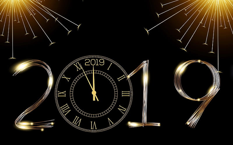 Happy New Year 2019, black 2019 background, golden watch, congratulation, 2019 background with clock, HD wallpaper