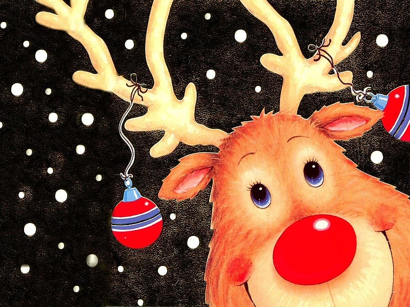 :), fantasy, art, craciun, reindeer, horns, christmas, red, nose, HD wallpaper