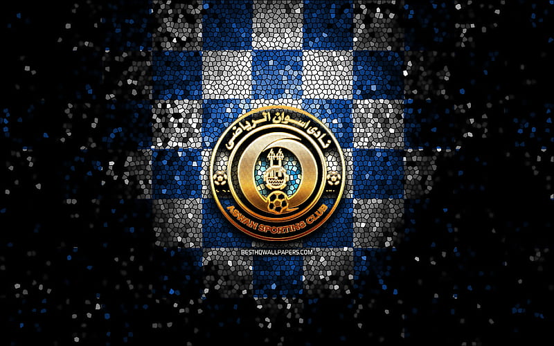 Aswan SC, glitter logo, Egyptian Premier League, blue white checkered background, EPL, soccer, egyptian football club, Aswan logo, mosaic art, football, Aswan FC, HD wallpaper