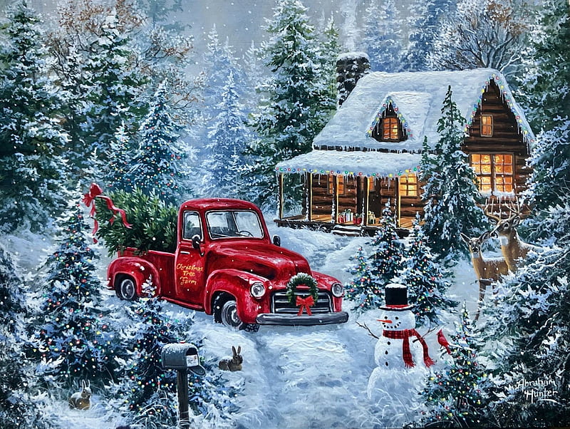 Christmas Tree Farm, snow, car, painting, nowman, cabin, trees, artwork, forest, snowman, deer, HD wallpaper