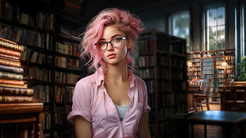 A Pink Haired Girl With Glasses In The Library, ai-girls, ai, pink, hairs, artist, artwork, digital-art, deviantart, HD wallpaper