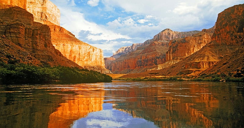 Colorado River, Grand Canyon, National Park, bonito, trees, clouds, canyon, erosion, cliffs, reflection, Arizona, HD wallpaper