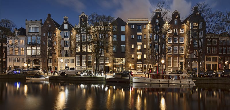 Cities, Night, City, Building, Car, Boat, Netherlands, Hotel, Amsterdam, , Canal, HD wallpaper