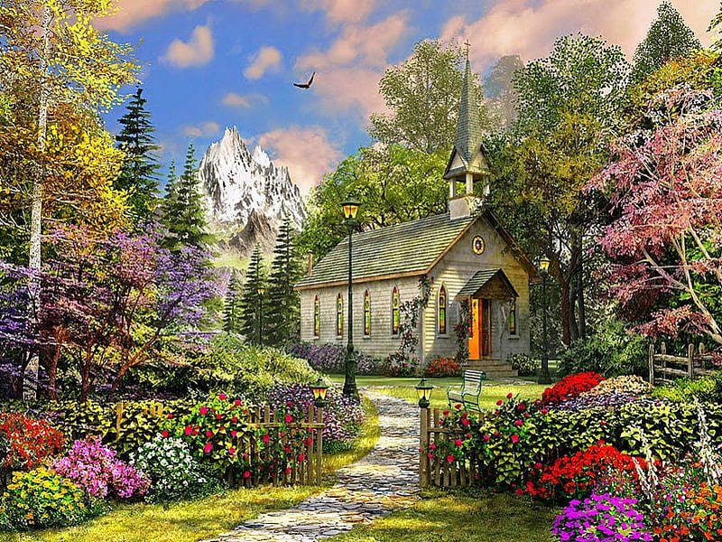 Colorful summer, architecture, pretty, colorful, house, plant, bonito, mountain, splendor, love, path, flowers, fields, way, forest, lovely, church, tree, flower, peaceful, summer, garden, nature, landscape, HD wallpaper