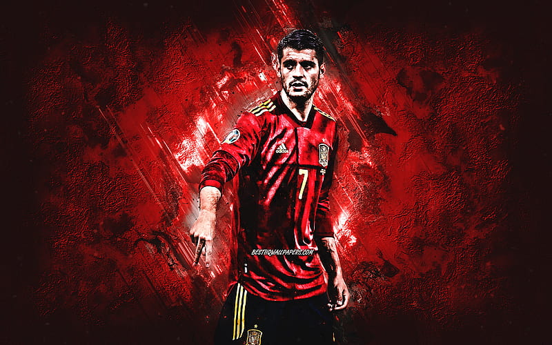 Alvaro Morata, Spain national football team, Spanish football player, portrait, football, Spain, red Creative background, football stars, HD wallpaper