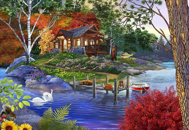 Memory Lake, dog, swans, painting, colors, pier, trees, water, cabin ...