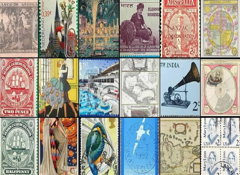 Mosaic collage, collecting, maps, stamps, philately, ehemera, mosaics, collage, HD wallpaper