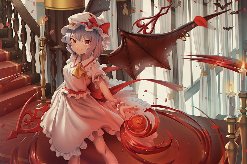 remilia scarlet, devil wings, touhou, red eyes, vampire, smiling, Anime, HD wallpaper