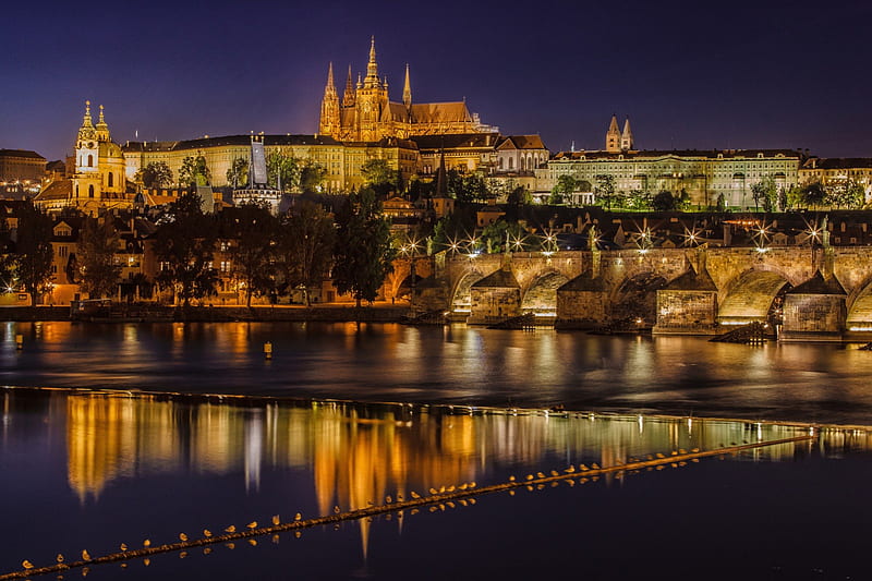 Prague at Night, city, ancient, moldava, river, reflection, castle, lights, HD wallpaper