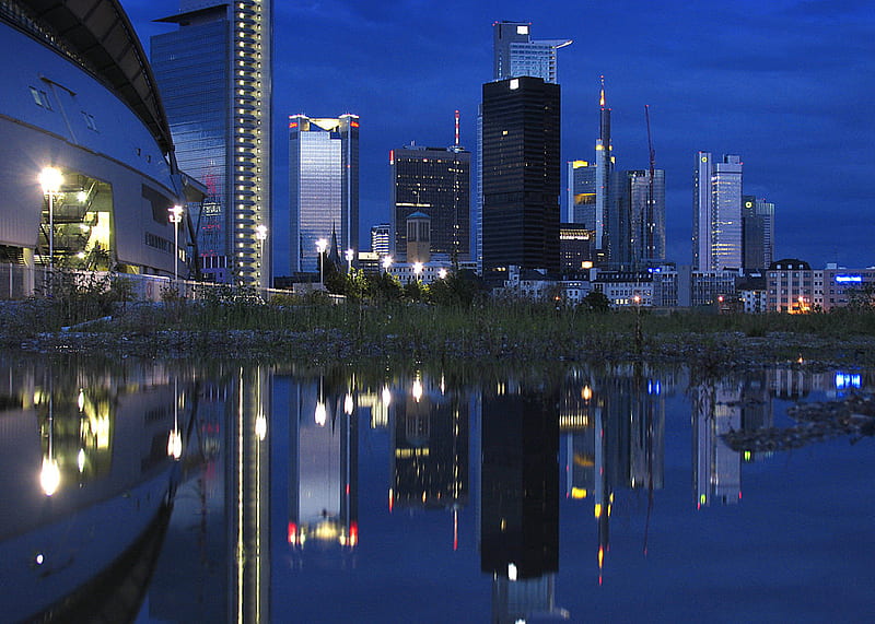 Frankfurt City, germany, buildings, frankfurt, black, main, city, skyline, bank, at, blue, night, HD wallpaper
