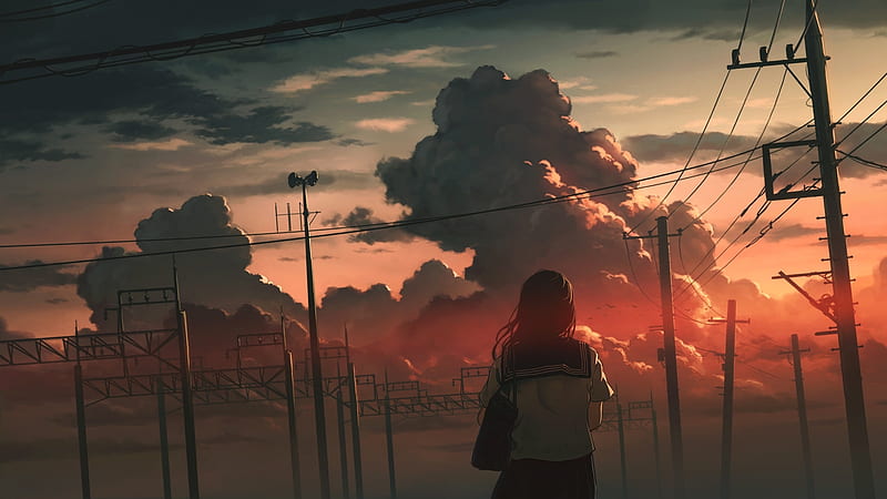 Anime school girl, back view, sunset, scenery, clouds, sky, Anime, HD  wallpaper | Peakpx