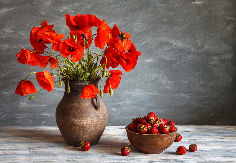 ❤️, Jug, Strawberries, Berries, Poppies, Bowl, HD wallpaper