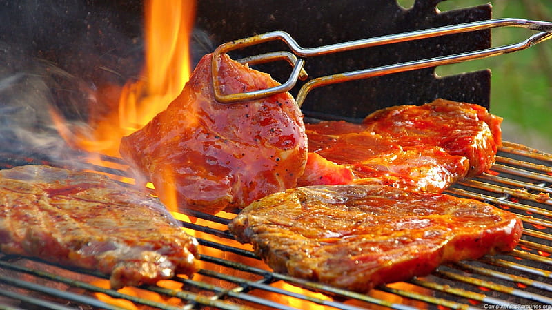 grilled food, tongs, flame, food, steak, meat, HD wallpaper