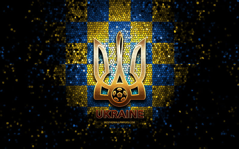 Ukrainian football team, glitter logo, UEFA, Europe, blue yellow checkered background, mosaic art, soccer, Ukraine National Football Team, FFU logo, football, Ukraine, HD wallpaper