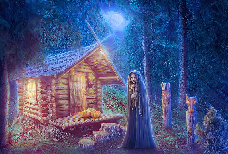 Samhain, witch, forest, moon, cottage, ivannadark, yellow, fantasy, moon, girl, blue, HD wallpaper