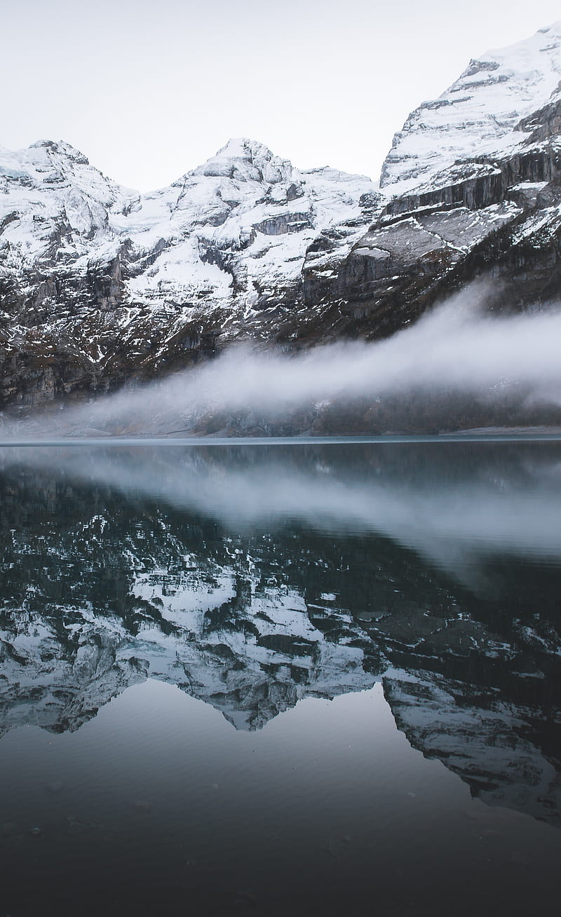 nature, water, snow, mountains, snowy peak, lake, mist, reflection, HD phone wallpaper