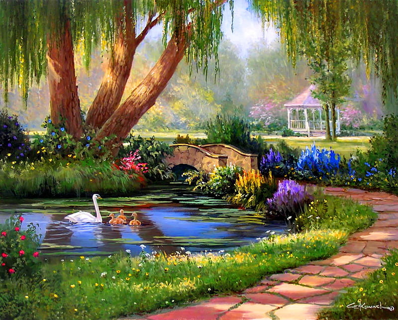 Spring park, pretty, colorful, art, lovely, bonito, spring, park, swan, lake, pond, willow, flowers, garden, gazebo, HD wallpaper