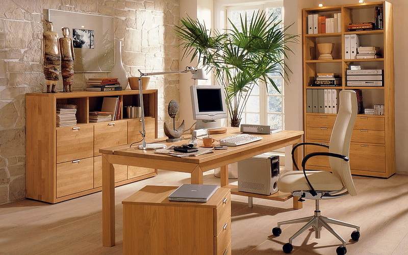 laptop, office, computer, lamp, interior, HD wallpaper