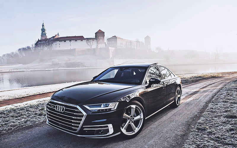 Audi A8, winter, 2018 cars, luxury cars, black A8, german cars, R, Audi, HD wallpaper