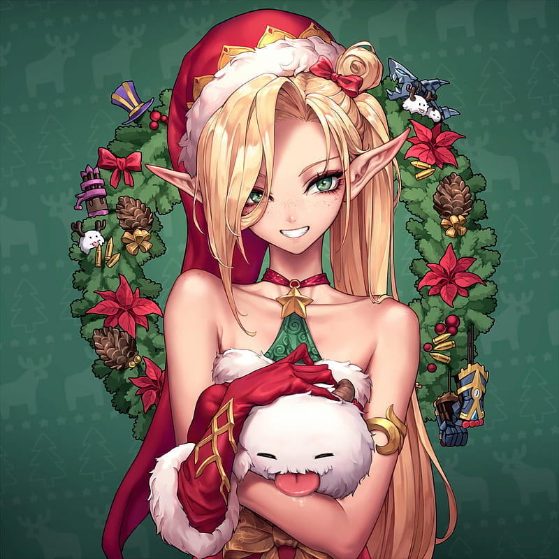 Christmas, League of Legends, Oopartz Yang, pointed ears, gloves, Santa hats, blonde, green eyes, red bow, portrait display, HD phone wallpaper