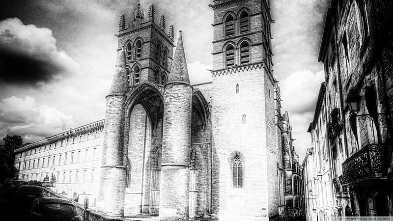 cathedral saint pierre de montpellier in gray scale, cathedral, towers, gray scale, clouds, street, HD wallpaper