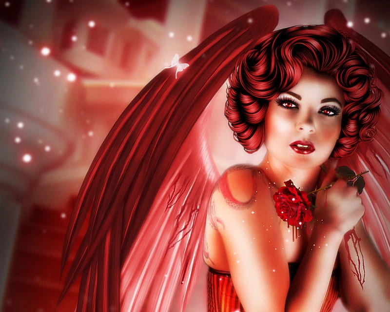 ✫Bloody Angel✫, pretty, colorful, dress, redhead, charm, bonito, digital art, angels, women, sweet, hair, fantasy, butterfly, manipulation, emotional, people, girls, gorgeous, animals, bloody, female, wings, models, lovely, colors, weird things people wear, HD wallpaper