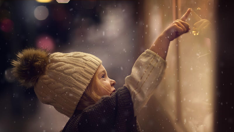 Girl Child Is Touching Glass During Winter Snow Fall Cute, HD wallpaper