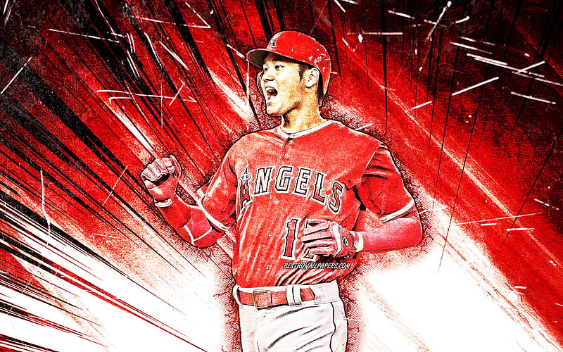 Shohei Ohtani, Los Angeles Angels, MLB, Japanese baseball player, portrait,  red stone background, HD wallpaper