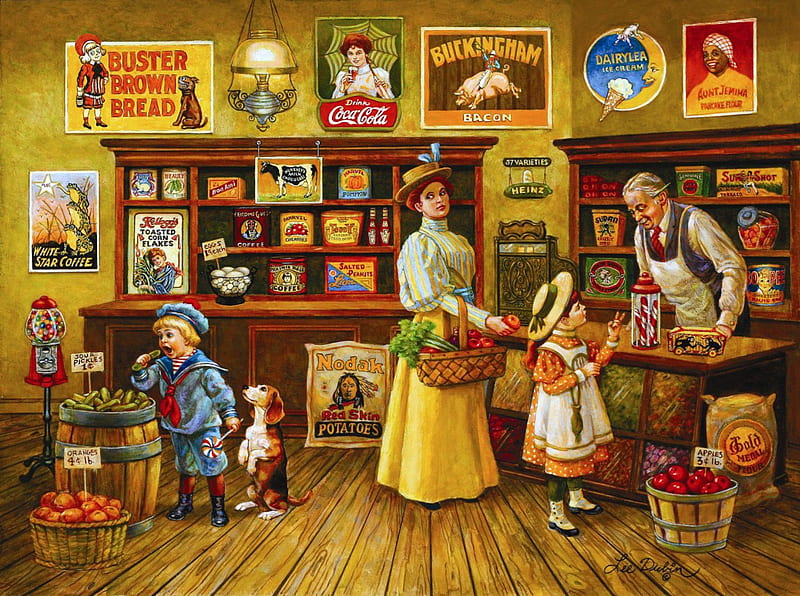 Grocer's Shop, apples, children, wife, man, artwork, oranges, people, groceries, cucumbers, HD wallpaper