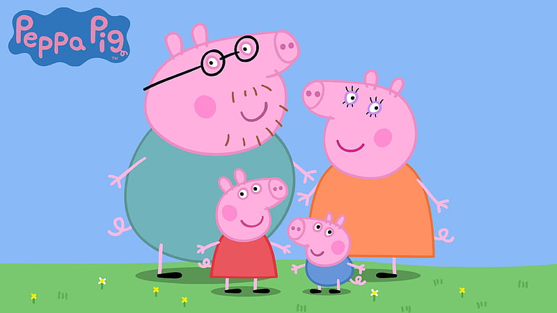 mummy pig daddy pig george pig peppa pig with hands in the air in blue background anime, HD wallpaper