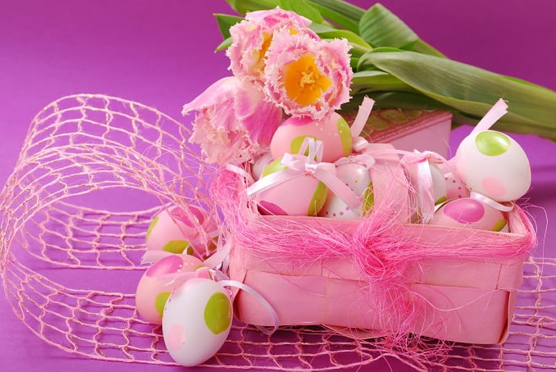 Easter Time, holiday, basket, eggs, tulips, easter, HD wallpaper