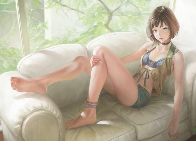 The Couch, pretty, bonito, sweet, nice, anime, couch, beauty, anime girl, chair, female, lovely, brown hair, blouse, sexy, short hair, girl, pant, lady, sofa, scene, maiden, HD wallpaper