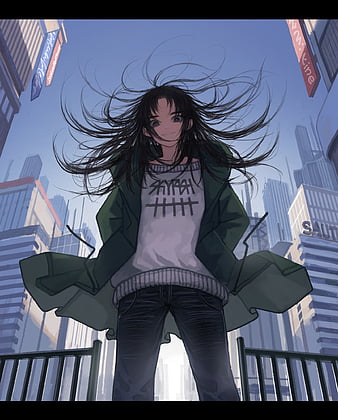 edible-pig164: pretty anime style girl, black hair, blue eyes, city them  background, casual female clothing, digital painting