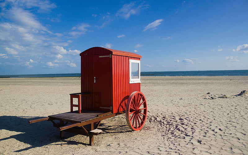 Beach Hut, red, beach, hut, sea, wooden, HD wallpaper