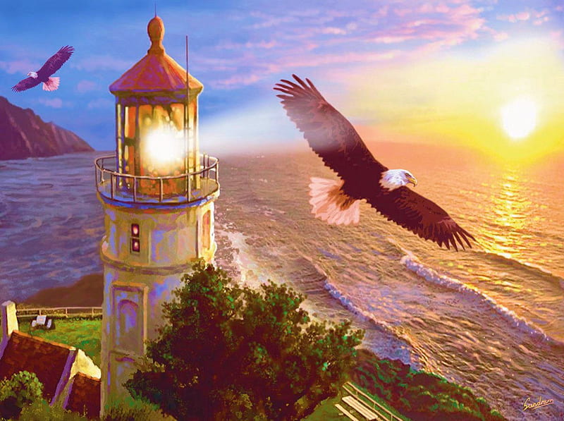 Visiting the Lighthouse, Bald Eagles, Sea, Landscape, Eagles, coast, light, HD wallpaper