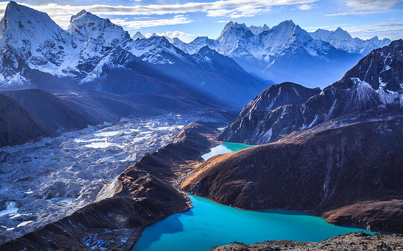 mountain lakes, glacier, mountain landscape, glacial lakes, aerial view, Himalayas, India, HD wallpaper