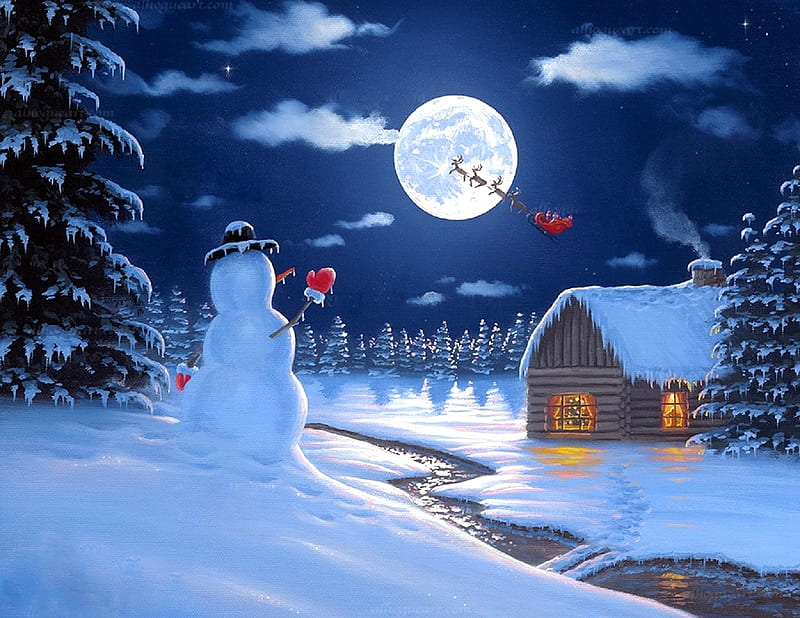 Christmas Moonlight, snowman, winter, Christmas, moons, villages, sleigh, cottages, white trees, love four seasons, xmas and new year, paintings, snow, HD wallpaper