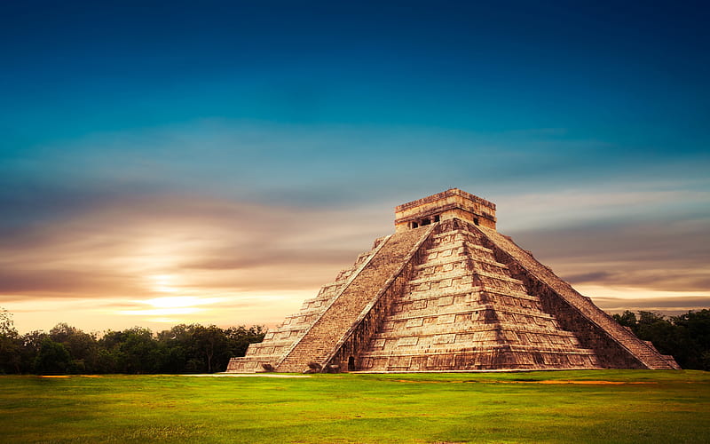 Temple of Kukulcan, El Castillo, pyramid, temple, sunset, Mexico, attractions, landmark, Mesoamerican step-pyramid, Architecture of the Maya, HD wallpaper