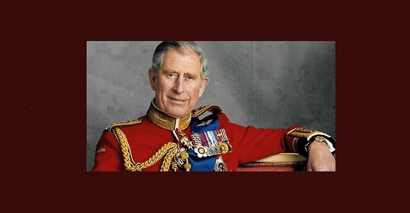 HRH KING CHARLES III, blue sash, medals, scarlet jacket, Eye on viewer, RAF emblem, left arm extended, HD wallpaper