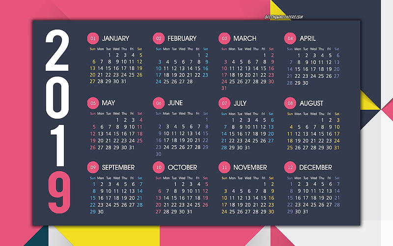 Pink 2019 calendar, creative pink-gray background, all months, 2019 calendar, 2019 concepts, art, HD wallpaper