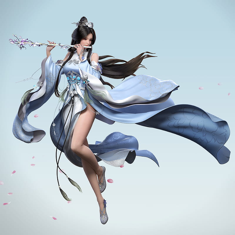 CGI, women, Asian, dark hair, long hair, wind, dress, blue clothing, flute, singing, cherry blossom, simple background, blue background, cyan, HD phone wallpaper