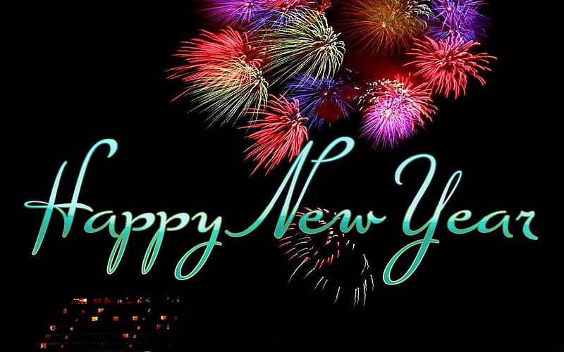 Happy New Year!, red, black, happy new year, lights, green, purple, fireworks, pink, night, HD wallpaper