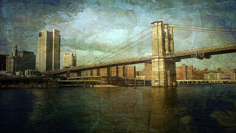 textured of brooklyn bridge, city, river, textured wall, bridge, HD wallpaper