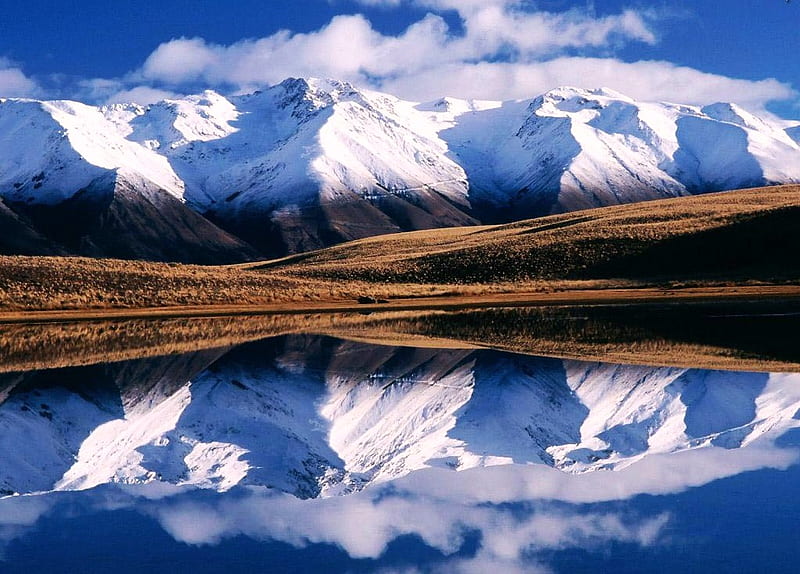 McKenzie Basin x 2, mountain, new zealand, water, blue sky, reflection, clouds, mckenzie basin, HD wallpaper