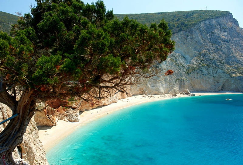 Greek riviera, beach, greece, tree, ocean, HD wallpaper